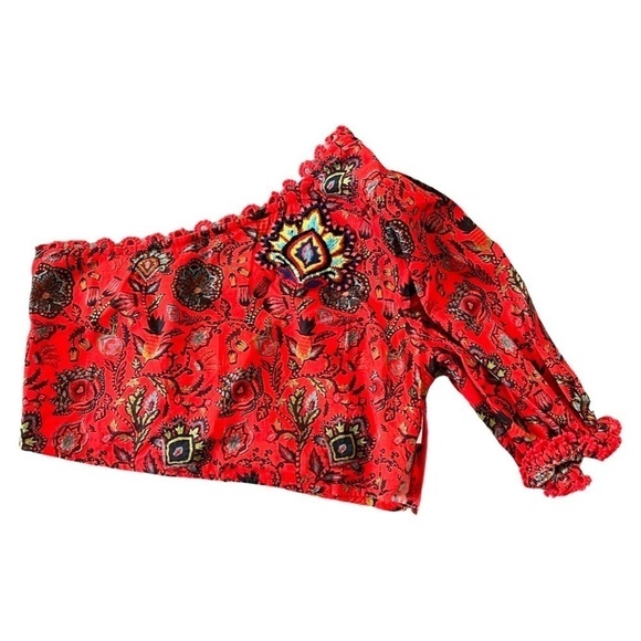 NWT FARM RIO One Shoulder Tropical Floral Red Cropped Top M - Picture 2 of 6